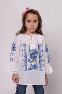 Ie traditionala alba pentru fetite cu motiv floral albastru Nicole