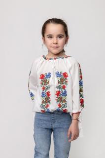 Ie traditionala alba pentru fetite cu motiv floral multicolor Maia