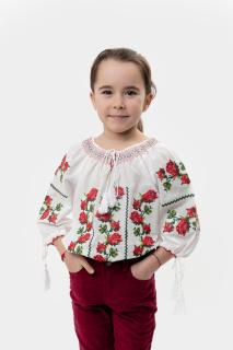 Ie traditionala alba pentru fetite cu motiv floral rosu Amelia