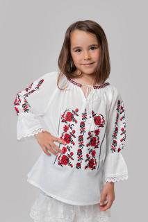 Ie traditionala alba pentru fetite cu motiv floral rosu Evelina