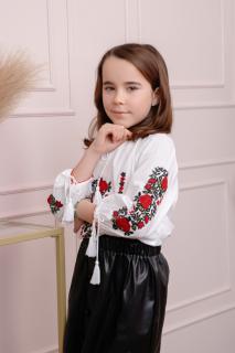 Ie traditionala alba pentru fetite cu motiv floral rosu Iunia