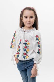 Ie traditionala alba pentru fetite cu motiv floral tricolor Alessia