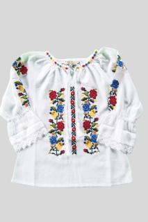 Ie traditionala alba pentru fetite cu motiv floral tricolor Ilinca