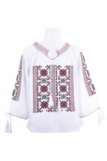 Ie traditionala alba pentru fetite cu motiv geometric rosu Sara 01