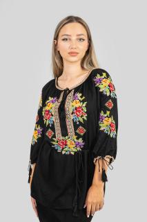 Ie traditionala neagra cu motiv floral multicolor Beatrice 02