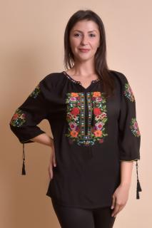 Ie traditionala neagra cu motiv floral multicolor Ela 02