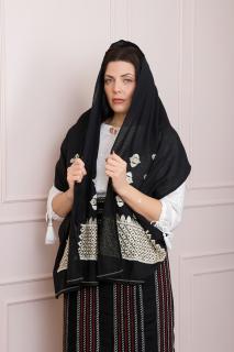 Marama traditionala neagra cu broderie geometrica aurie Melania