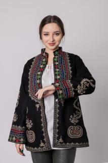 Palton traditional negru cu broderie florala multicolora Ioana