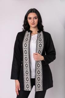 Palton traditional negru cu broderie geometrica alba Otilia