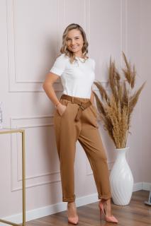 Pantaloni camel lejeri cu talie elastica si curea ajustabila