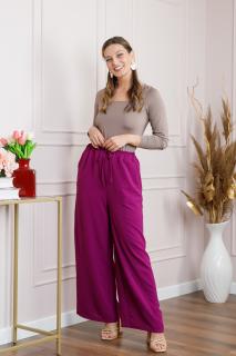 Pantaloni largi magenta cu snur in talie