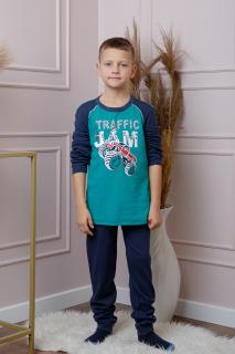 Pijama baieti Oliver din bumbac turcoaz cu imprimeu monster truck