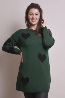 Pulover lung verde cu inimioare negre