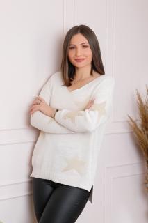 Pulover Stella ecru  cu stelute si decolteu in V