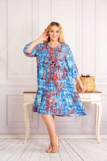 Rochie albastra midi boho chic cu imprimeuri florale corai