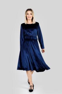 Rochie bleumarin din catifea cu centura in talie