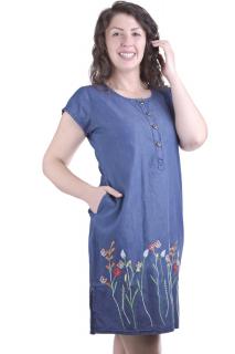 Rochie denim albastra cu motiv floral multicolor Camelia