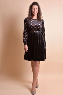 Rochie din catifea neagra cu imprimeu crem si curea in talie