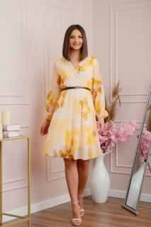 Rochie eleganta Melody din voal cu imprimeu floral galben si bust petrecut