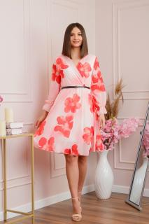 Rochie eleganta Melody din voal cu imprimeu floral rosu si bust petrecut