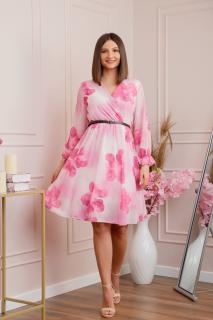 Rochie eleganta Melody din voal cu imprimeu floral roz si bust petrecut