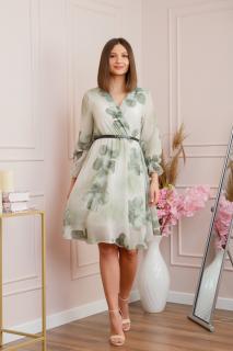 Rochie eleganta Melody din voal cu imprimeu floral verde pastel si bust petrecut