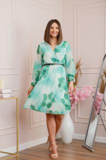 Rochie eleganta Melody din voal cu imprimeu floral verde si bust petrecut