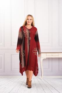 Rochie grena boho chic tricotata cu baza asimetrica si model floral