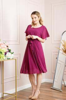 Rochie magenta din voal cu cordon in talie