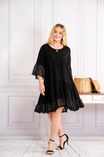 Rochie neagra boho chic cu aplicatie din dantela si volane