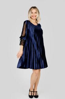 Rochie plisata bleumarin din catifea cu insertie de dantela