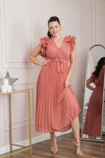 Rochie plisata coniac cu volane si cordon in talie