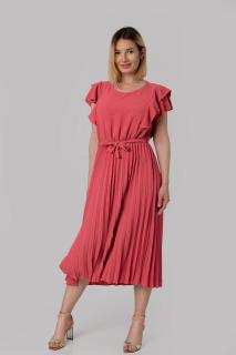 Rochie plisata corai cu volane pe maneci