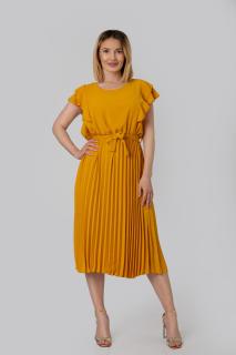 Rochie plisata galben mustar cu volane pe maneci