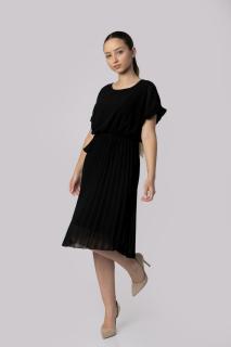 Rochie plisata neagra cu cordon in talie