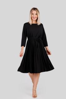 Rochie plisata neagra cu maneci trei sferturi si cordon in talie