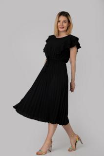 Rochie plisata neagra cu volane pe maneci