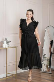 Rochie plisata neagra cu volane si cordon in talie