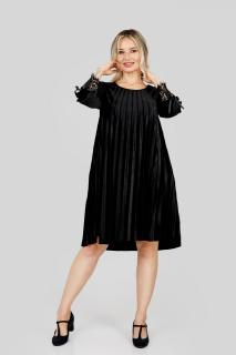 Rochie plisata neagra din catifea cu insertie de dantela