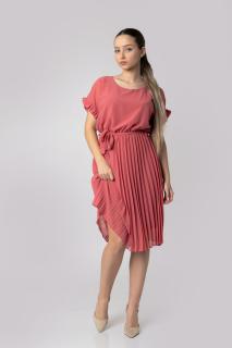 Rochie plisata roz somon cu cordon in talie