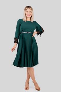 Rochie plisata verde cu dantela si curea in talie