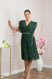 Rochie plisata verde cu volane si lantisor decorativ in talie