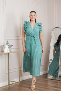 Rochie plisata verde mint cu volane si cordon in talie