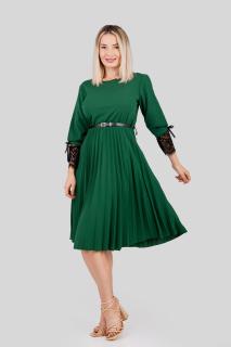 Rochie plisata verde smarald cu dantela si curea in talie