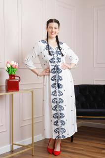 Rochie traditionala alba cu motiv floral albastru Adina