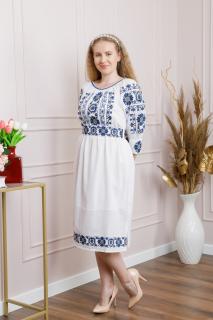 Rochie traditionala alba cu motiv floral albastru Lacramioara