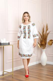 Rochie traditionala alba cu motiv floral multicolor Andreea 02