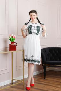 Rochie traditionala alba cu motiv geometric verde Matilda 01