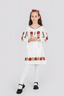 Rochie traditionala alba pentru fetite cu motiv floral rosu Antonia