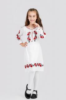 Rochie traditionala alba pentru fetite cu motiv floral rosu Iuliana